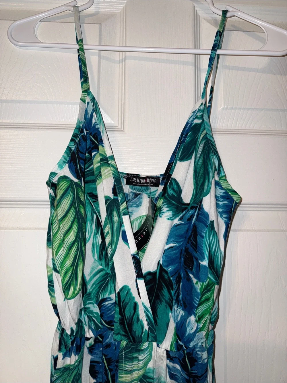 Fashion Nova Green & Blue Tropical Leaf Jumpsuit Romper